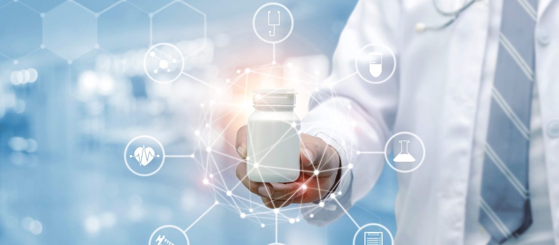 young pharmacist doctor with stethoscope hand holding white medicine bottle with data digital icon hologram in hospital background, health care pharmacy, medical innovation, future technology concept
